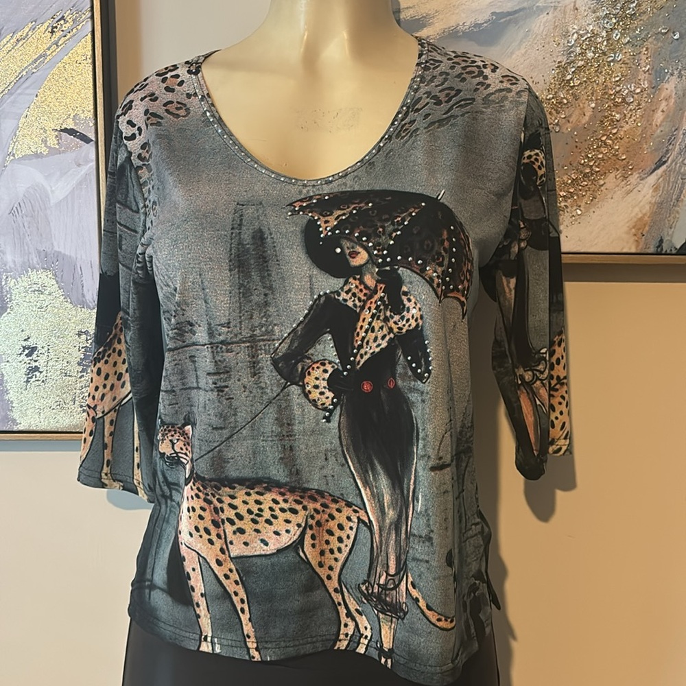Valentina Women's Top Size M Leopard Parisian Woman Umbrella Jeweled 3/4 Sleeves - Picture 4 of 7